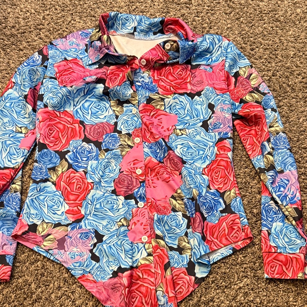 Floral Button-Up Shirt — Blue & Red Rose Print